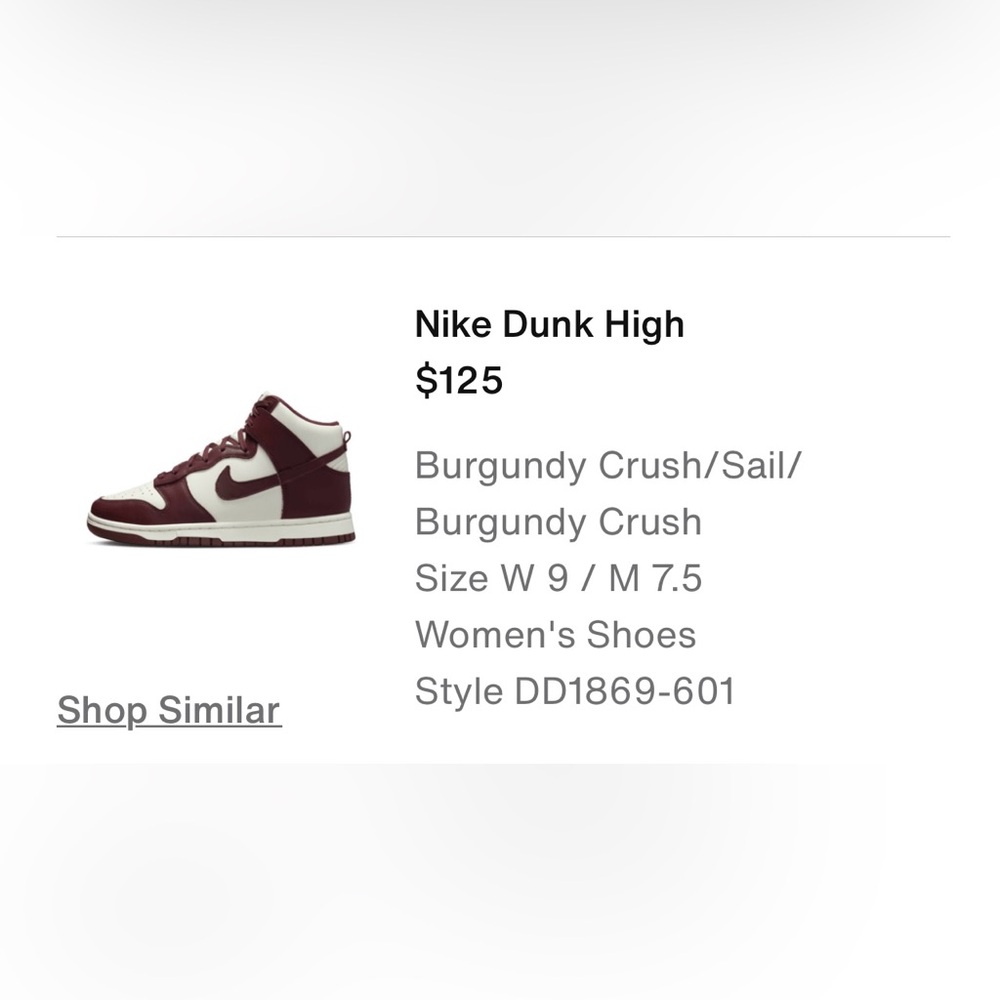 Nike Dunk High Burgandy Crush W 9 / M 7.5